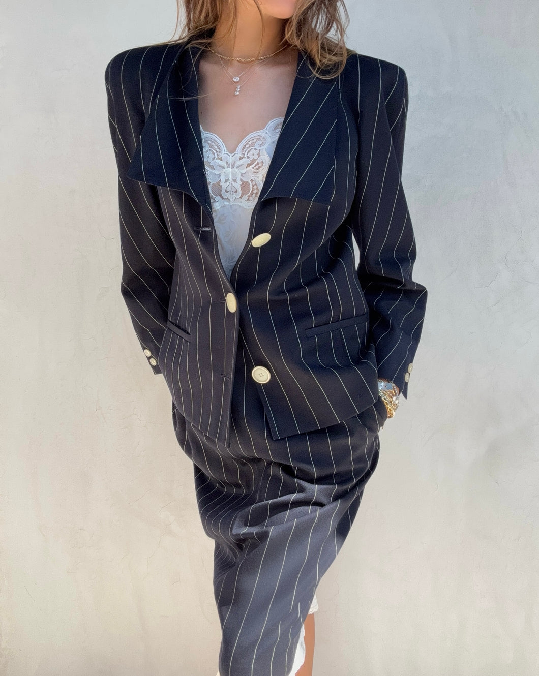 1990s Valentino Pinstripe Skirt Suit