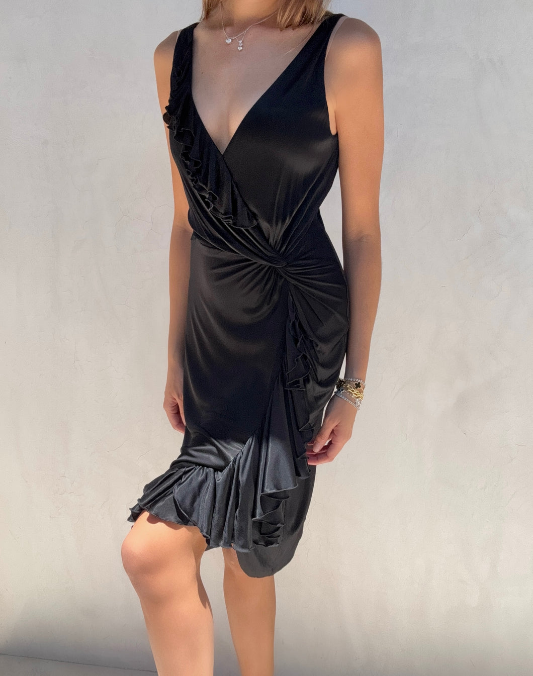 S/S 2004 Versace Black Wrap Ruffle Midi Dress