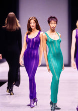 Load image into Gallery viewer, F/W 1993 Gianni Versace Runway Sheer Purple Knit Bodycon Dress
