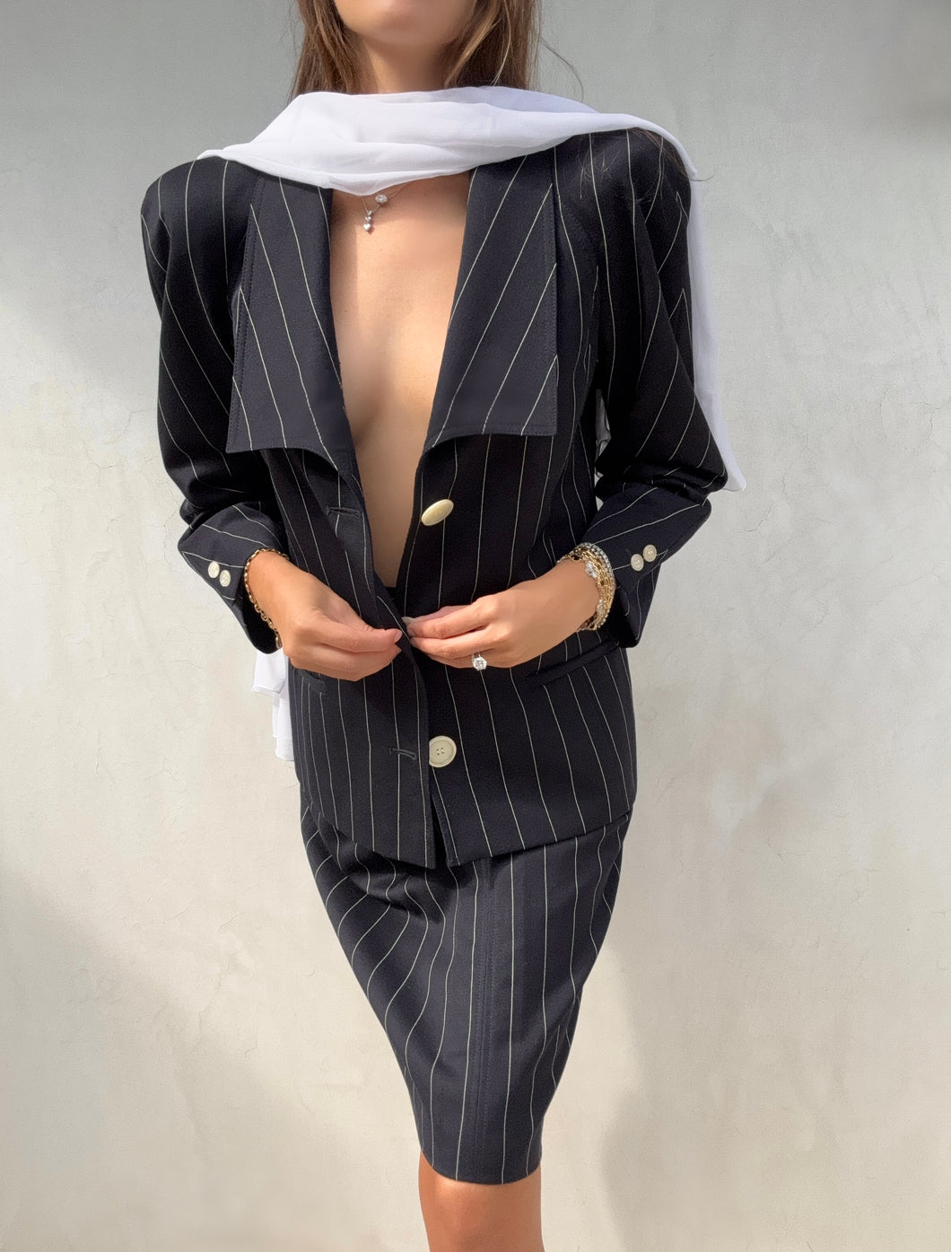 1990s Valentino Pinstripe Skirt Suit