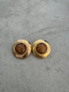 Vintage 1980s Round Marble Enamel Gold Earrings