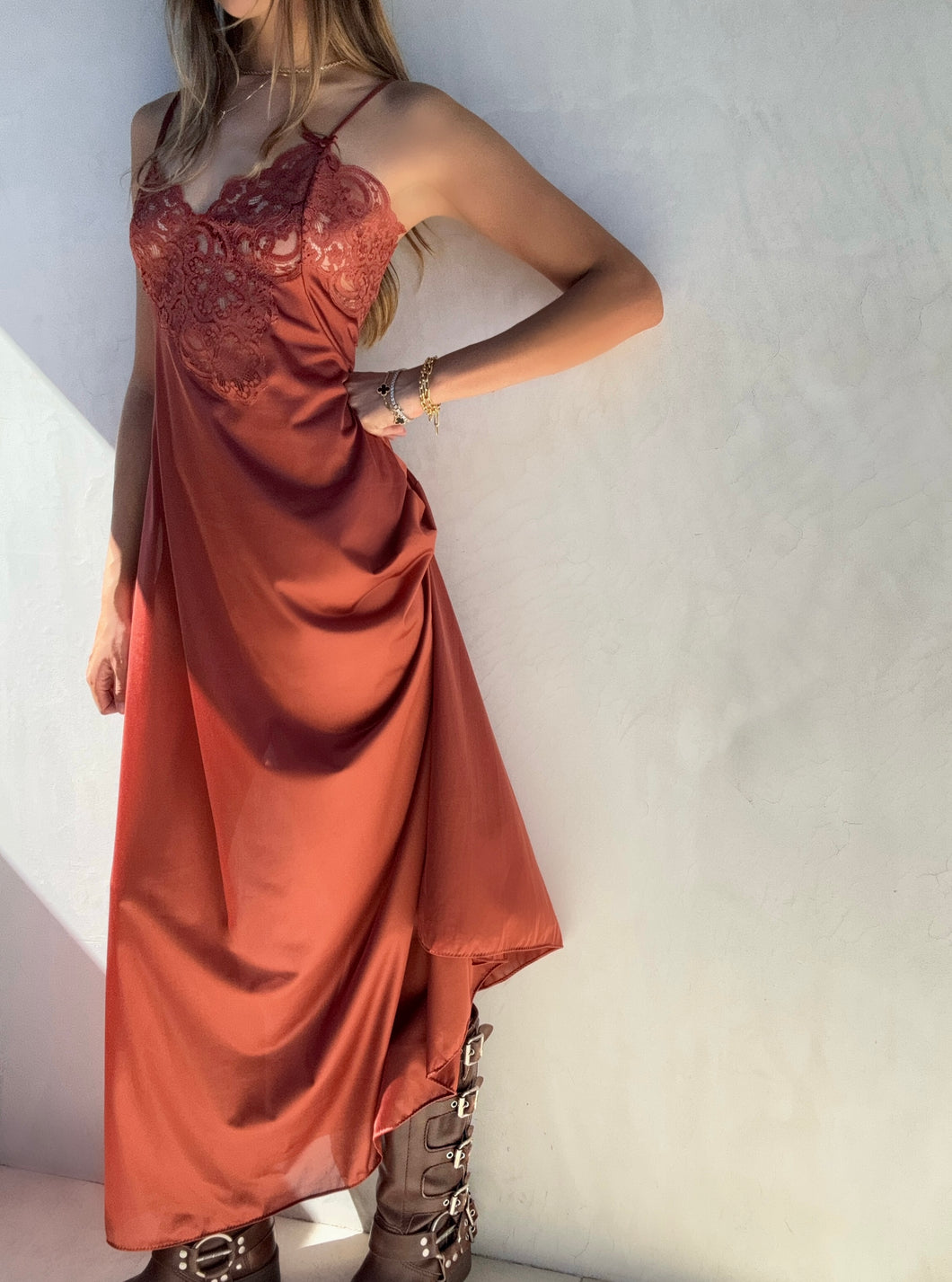 Vintage Brown Lace Satin Slip Dress