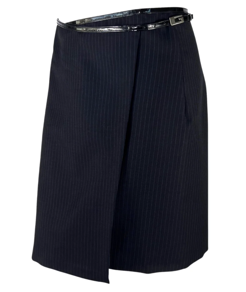 F/W 1997 Gucci by Tom Ford Runway G Logo Buckle Wrap Pinstripe Skirt