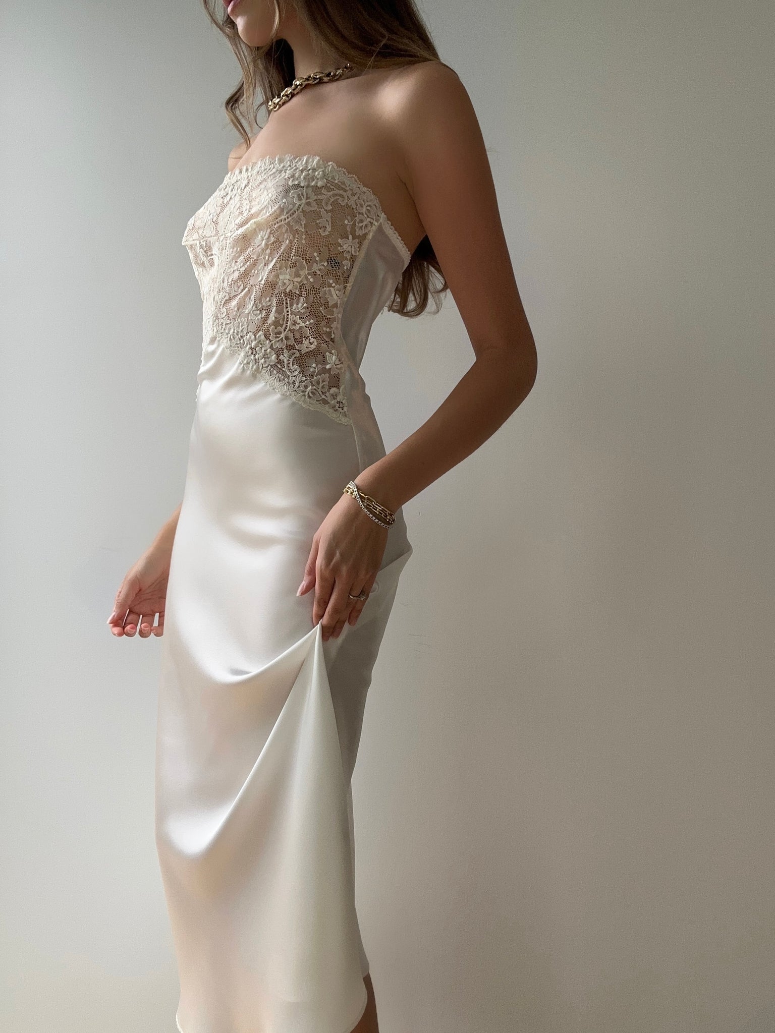 1990s White Satin Strapless Dress villa amour vintage 1990s White Satin Strapless Dress villa amour vintage
