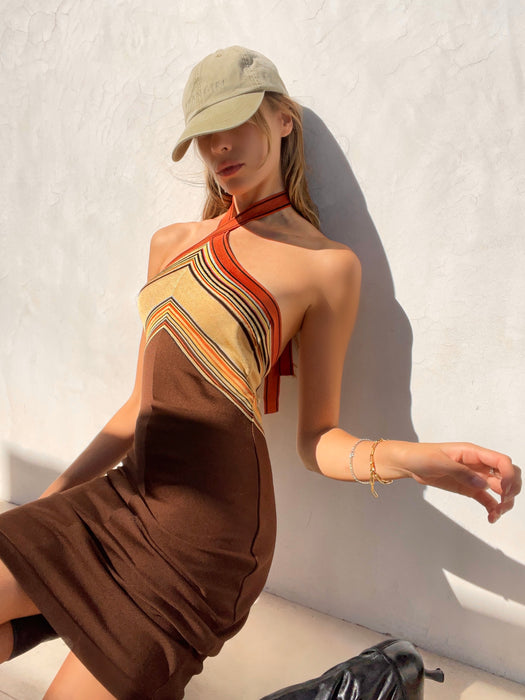 Hermes Brown Knit Striped Halter Dress
