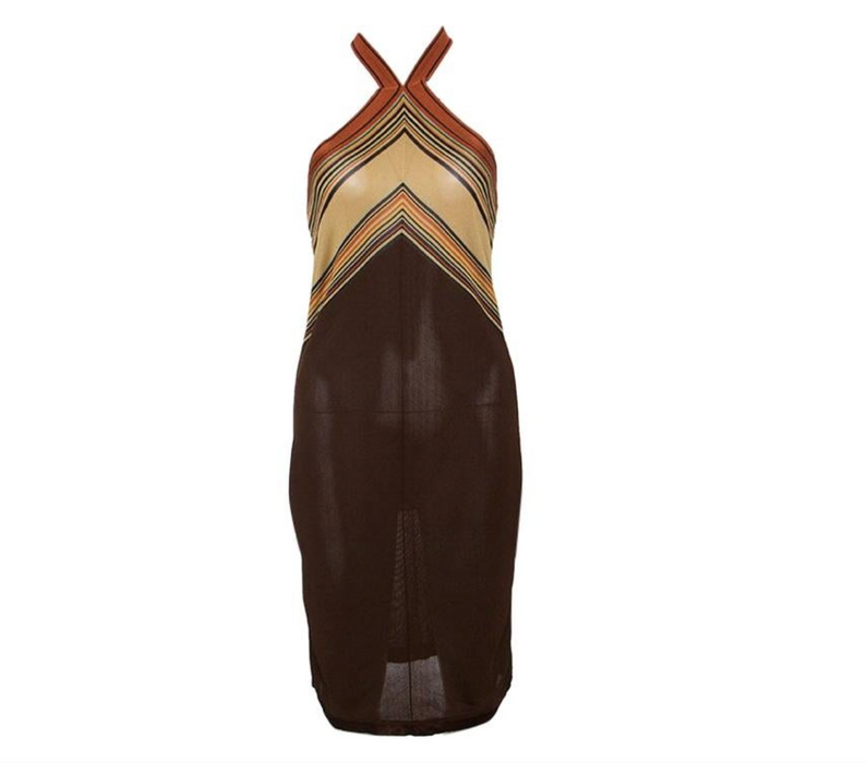 Hermes Brown Knit Striped Halter Dress