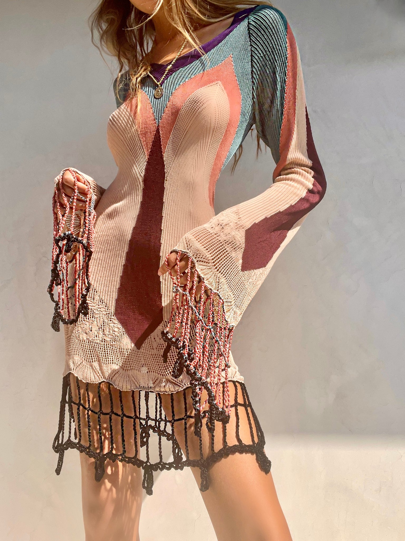 jean paul gaultier knit dress Jean Paul Gaultier Trompe L'oeil Aran Knit Printed Mesh Maxi Dress