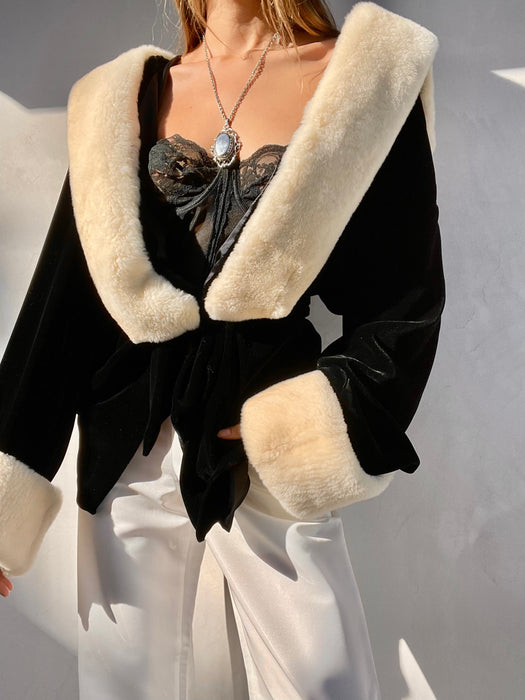 RARE JEAN PAUL GAULTIER FEMME Black Velvet Fur Trimmed Robe Coat