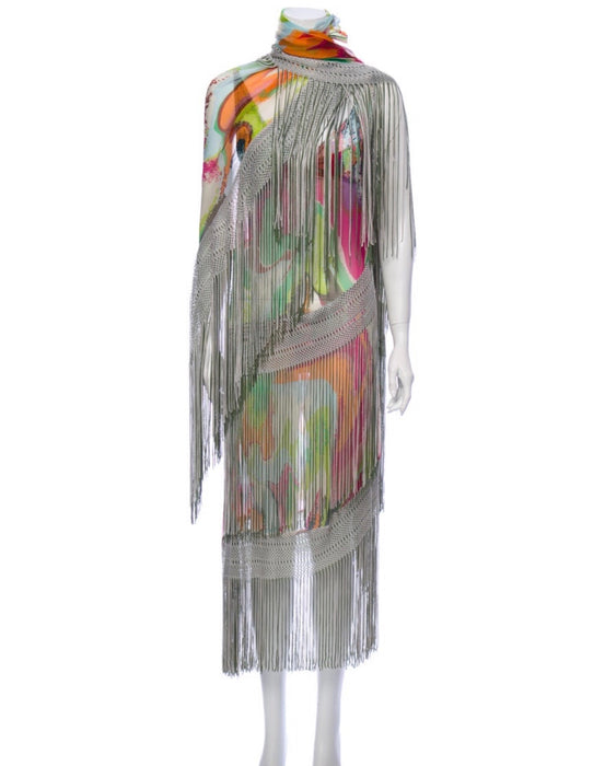 Missoni Runway 2004 Silk Colorful Fringe Scarf / Cape Dress