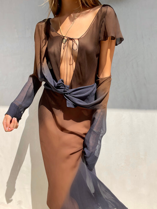 Gucci by Tom Ford 1997 Vintage Sheer Brown & Blue Ombre Silk Top